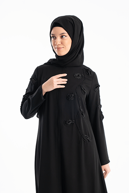 Dubai İpeği Kabartma Yaprak Desenli Siyah Ferace - 3