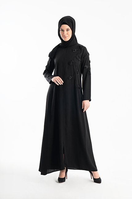 Dubai İpeği Kabartma Yaprak Desenli Siyah Ferace - 4