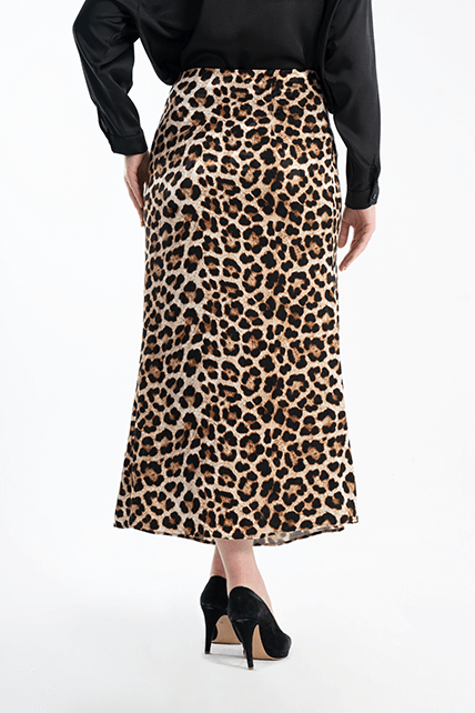 Jakarlı Saten Leoparlı Desenli Kalem Etek - 4