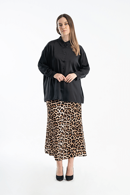 Jakarlı Saten Leoparlı Desenli Kalem Etek - 1
