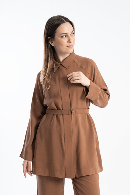 Reglan Kesim Gizli Düğmeli Kumaş Kemerli Yumuşak Dokulu Vizon İkili Takım - 1