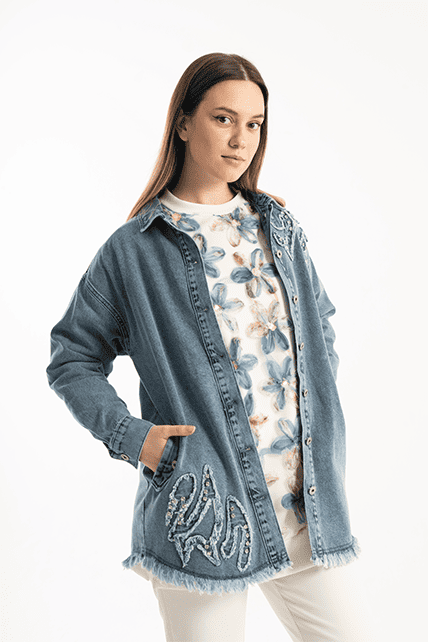 Taş İşleme Detaylı Mavi Kot Denim Ceket - 1