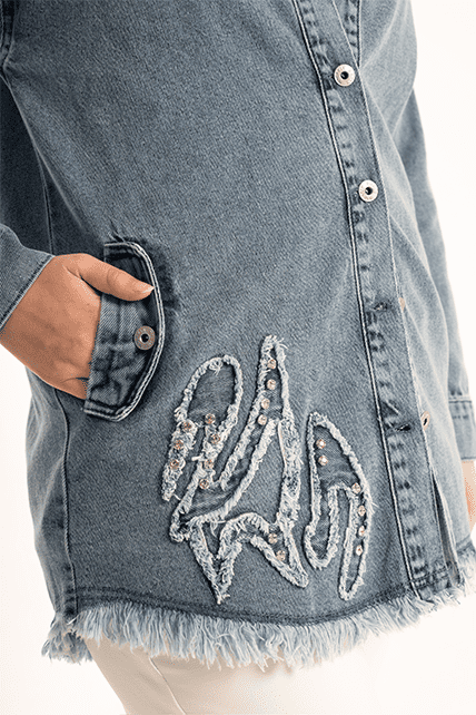 Taş İşleme Detaylı Mavi Kot Denim Ceket - 2
