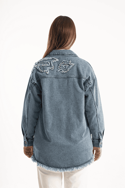 Taş İşleme Detaylı Mavi Kot Denim Ceket - 3