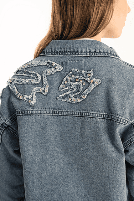 Taş İşleme Detaylı Mavi Kot Denim Ceket - 4