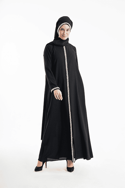 Yakadan Tam Boy Taşlı Siyah Ferace - 6