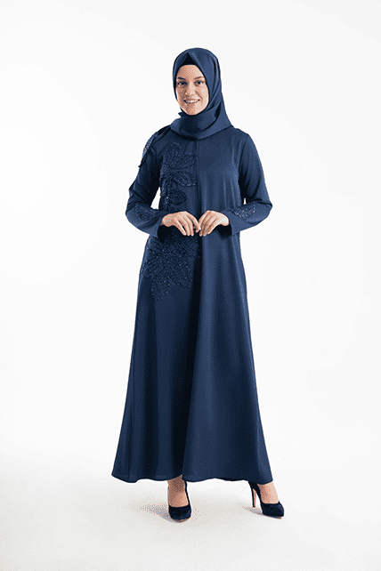 Yaprak Desenli İşlemeli Lacivert Ferace - 1