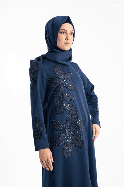 Yaprak Desenli İşlemeli Lacivert Ferace - 2