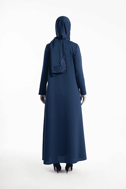Yaprak Desenli İşlemeli Lacivert Ferace - 4