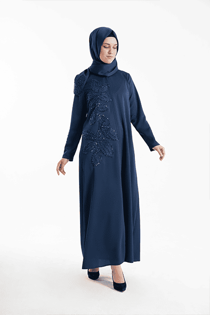 Yaprak Desenli İşlemeli Lacivert Ferace - 5